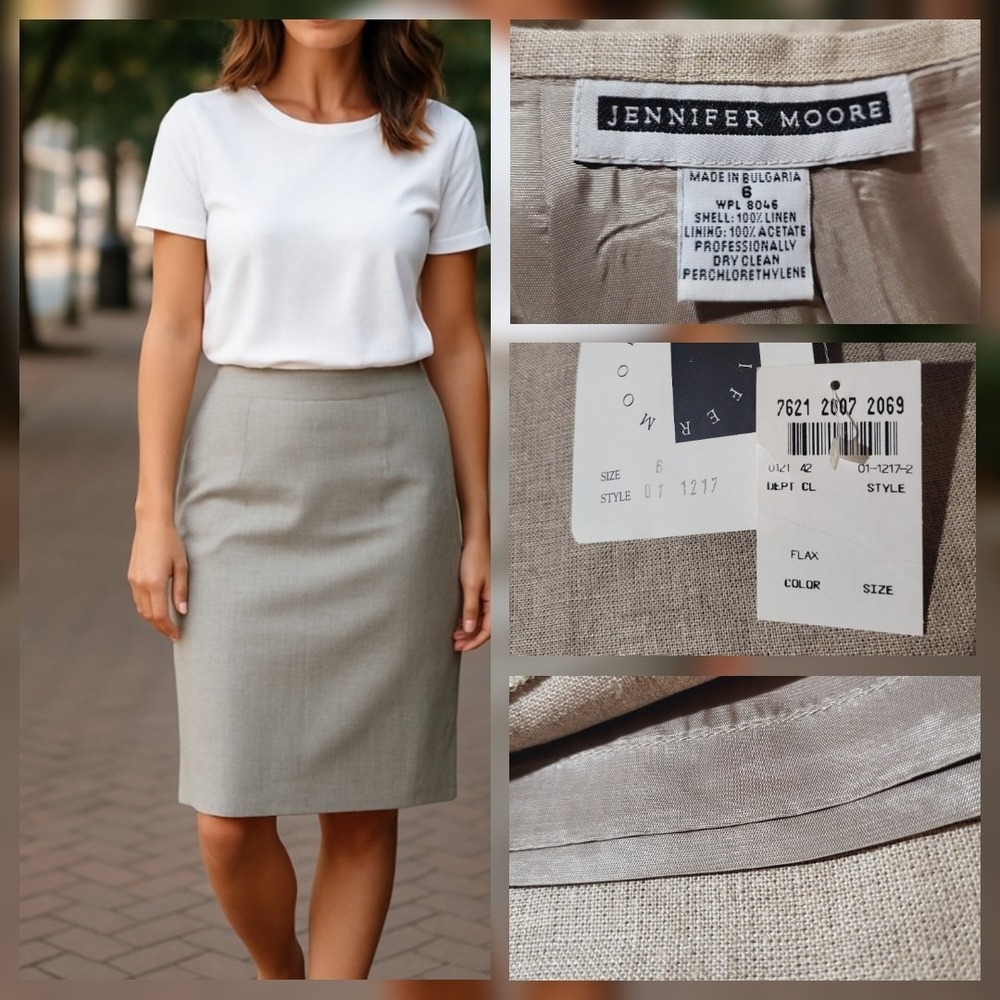 Jennifer Moore Flax Linen Classic Knee Length Skirt- Sz 6 New-Sand Beige Neutral